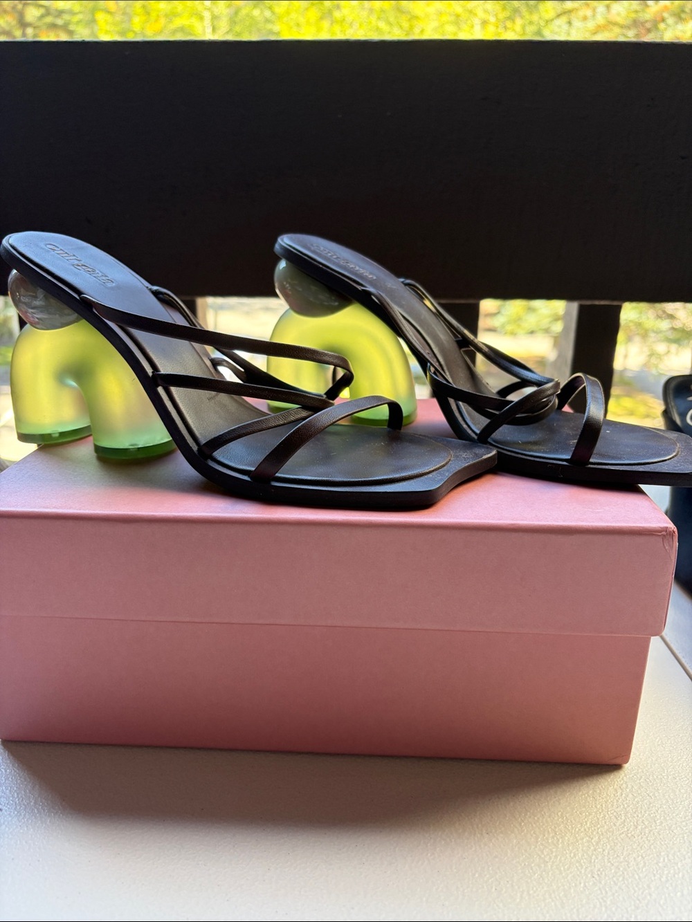 Cult Gaia elixir Women's Sandals with Lime Green Sculpted Heel in Luwak